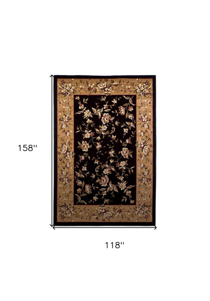 7' Tan Black And Beige Floral Vines Octagon Rug