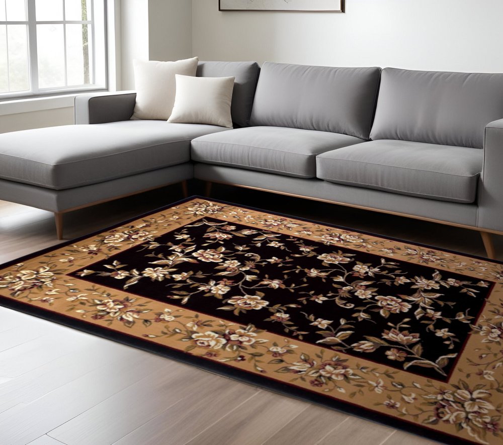 2' X 3' Tan Black And Beige Floral Vines Area Rug
