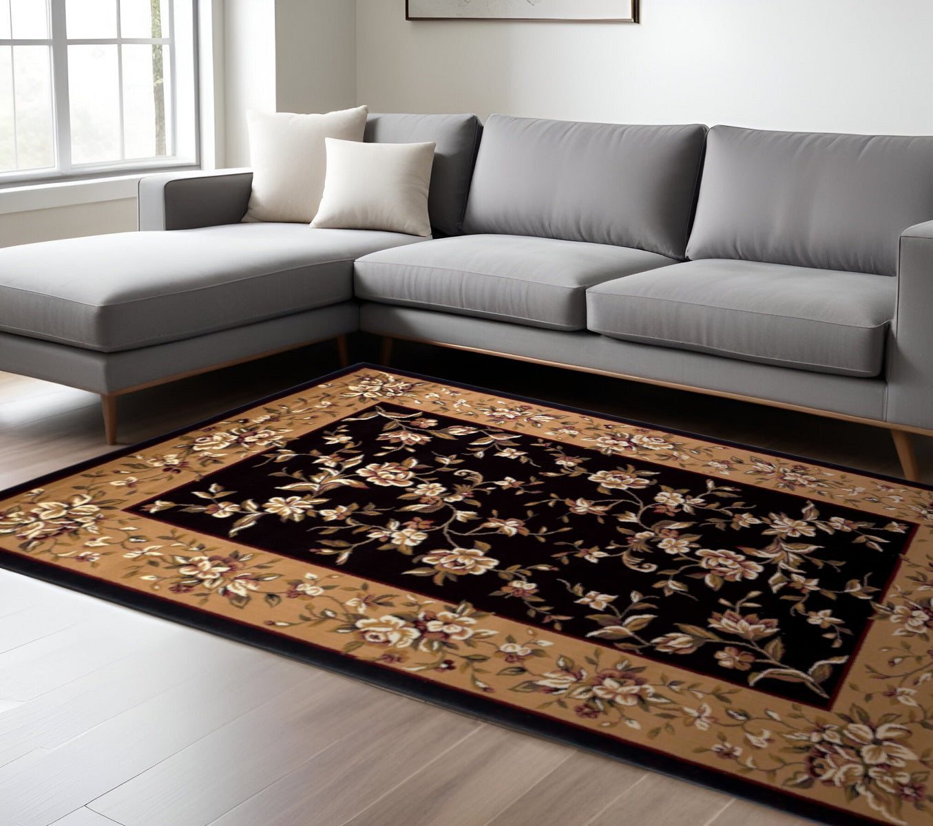 7' Tan Black And Beige Floral Vines Octagon Rug