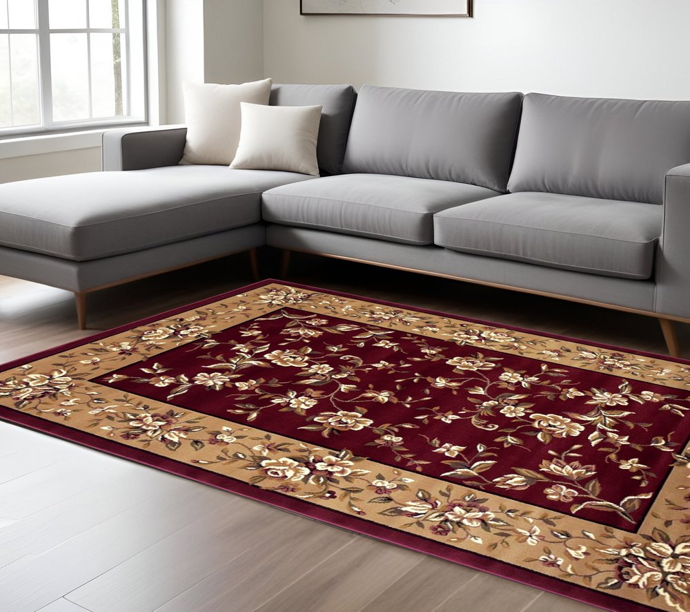 7' Red And Beige Floral Vines Octagon Rug