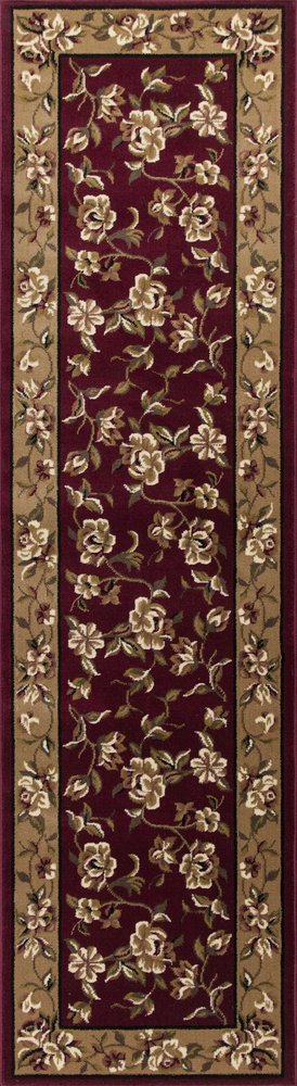 7' Red And Beige Floral Vines Octagon Rug
