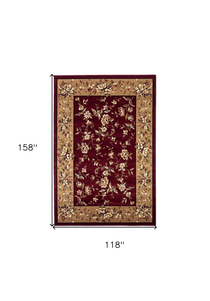 7' Red And Beige Floral Vines Octagon Rug