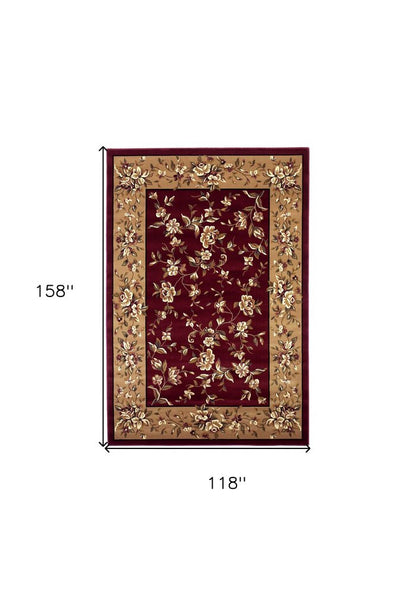 7' Red And Beige Floral Vines Octagon Rug