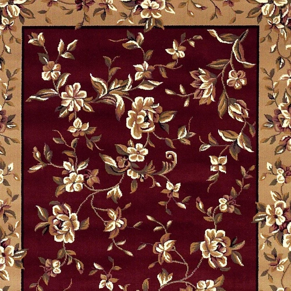 7' Red And Beige Floral Vines Octagon Rug