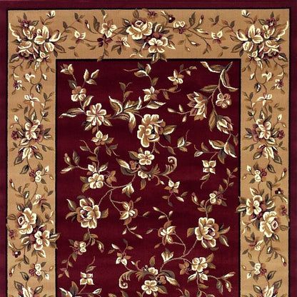 7' Red And Beige Floral Vines Octagon Rug