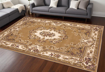 8' X 11' Beige Ivory Machine Woven Hand Carved Floral Medallion Indoor Area Rug