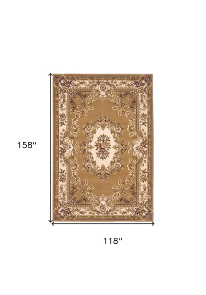 8' X 11' Beige Ivory Machine Woven Hand Carved Floral Medallion Indoor Area Rug