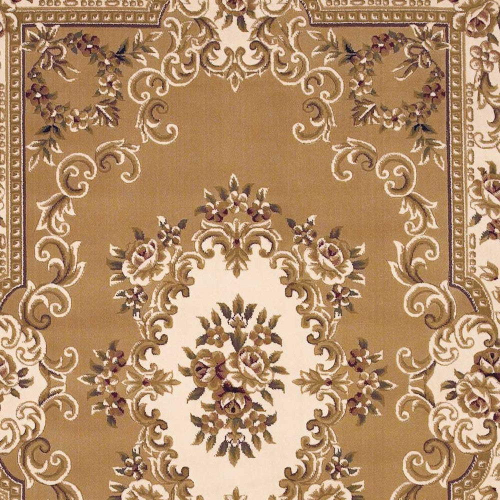 8' X 11' Beige Ivory Machine Woven Hand Carved Floral Medallion Indoor Area Rug