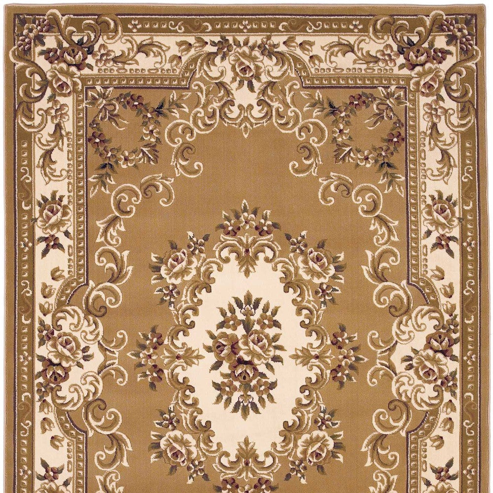 8' X 11' Beige Ivory Machine Woven Hand Carved Floral Medallion Indoor Area Rug