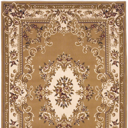 8' X 11' Beige Ivory Machine Woven Hand Carved Floral Medallion Indoor Area Rug