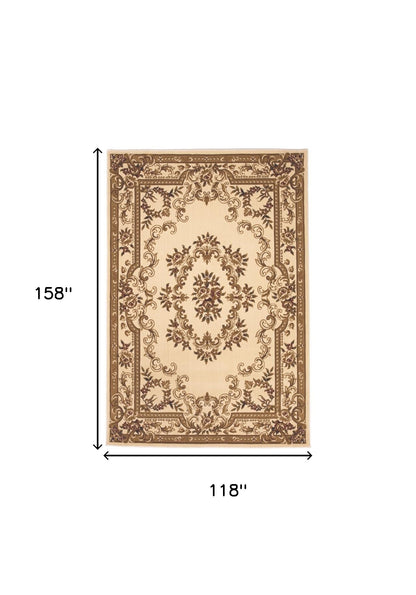 8' X 11' Ivory Machine Woven Hand Carved Floral Medallion Indoor Area Rug