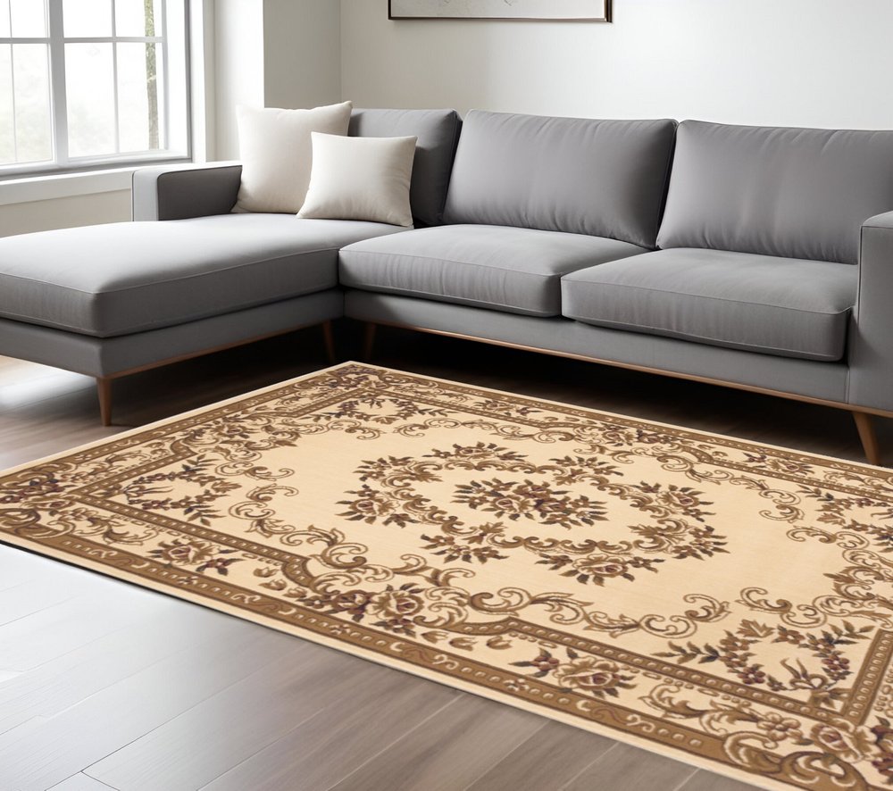 5' X 8' Beige And Brown Floral Medallion Area Rug