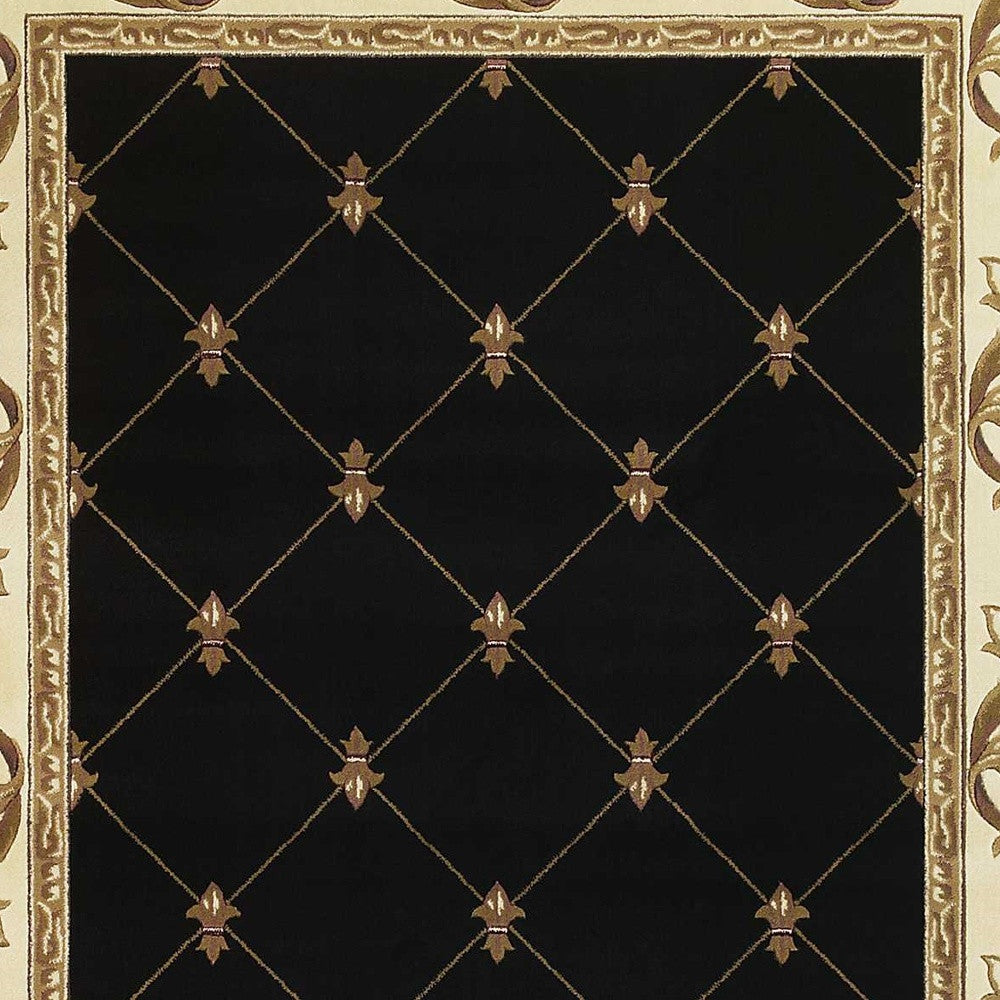 5' X 8' Black and Tan Fleur de Lis Diamond Border Area Rug