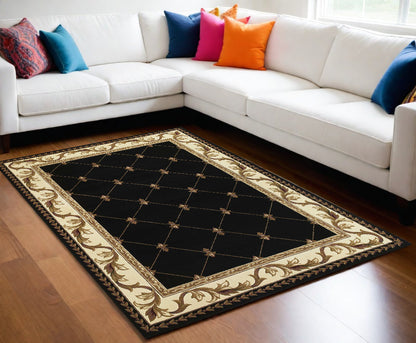 5' X 8' Black and Tan Fleur de Lis Diamond Border Area Rug