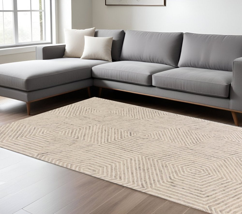 9' X 12' Sand Beige Wool Geometric Hand Tufted Area Rug