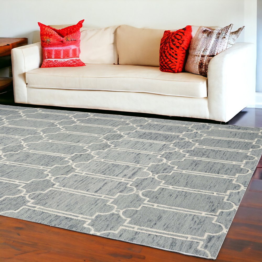 5' X 7' Slate Blue And Ivory Wool Geometric Hand Tufted Area Rug