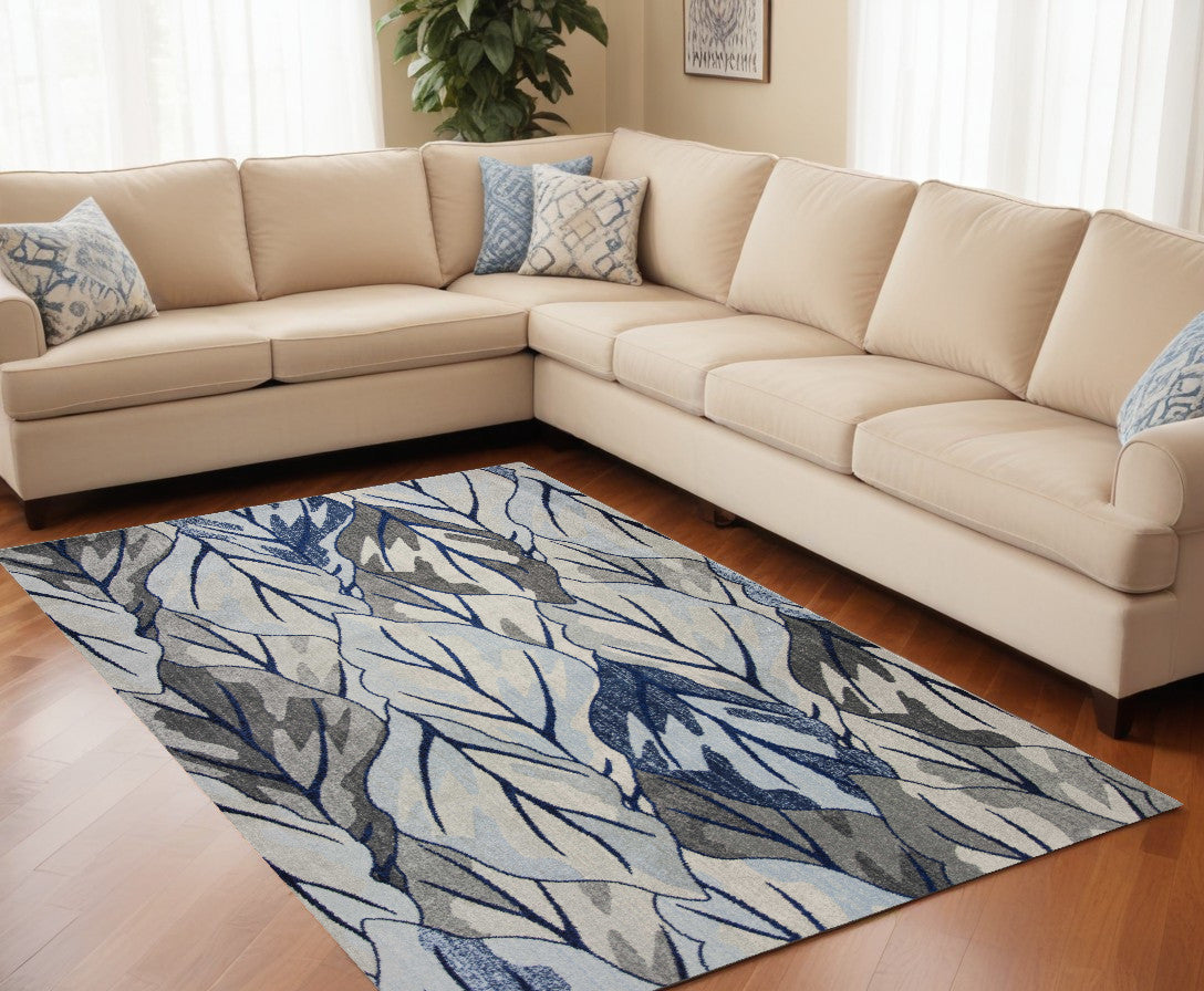 8' X 11' Grey Navy Machine Woven Oversized Leaves Indoor Area Rug