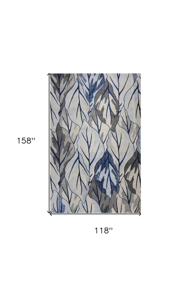 10' X 13' Gray And Navy Blue Botanical Leaves Area Rug