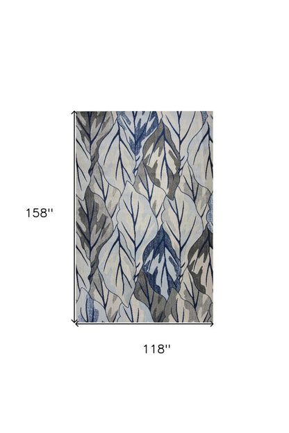 10' X 13' Gray And Navy Blue Botanical Leaves Area Rug