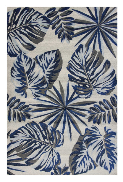 10' X 13' Grey Blue Machine Woven Tropical Leaves Indoor Area Rug