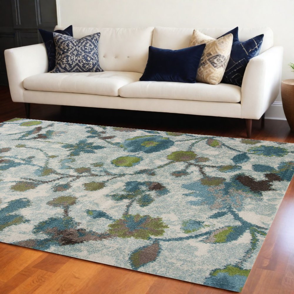 10' X 13' Teal Blue White And Green Floral Vines Area Rug