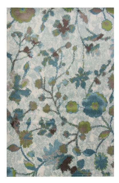 8' X 11' Teal Blue White And Green Floral Vines Area Rug