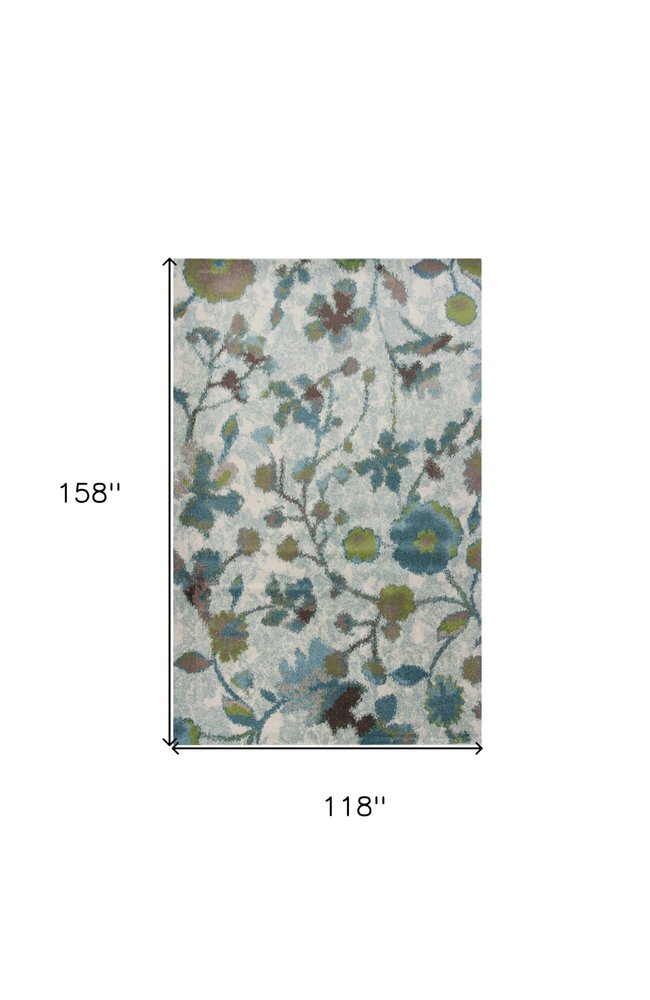 8' X 11' Teal Blue White And Green Floral Vines Area Rug