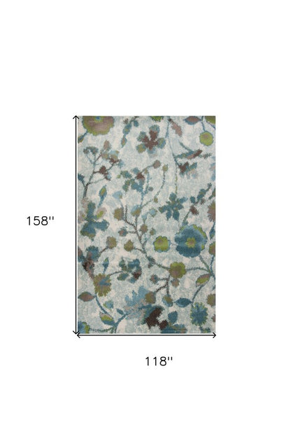 8' X 11' Teal Blue White And Green Floral Vines Area Rug