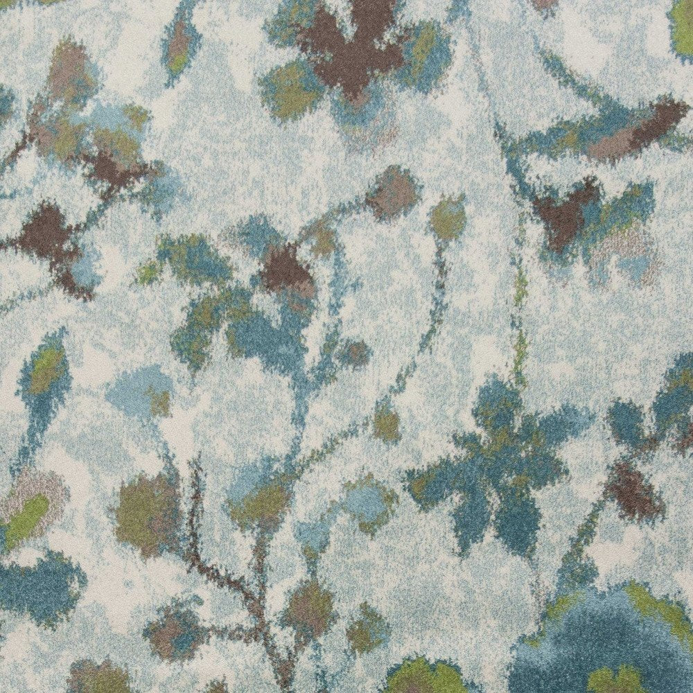 8' X 11' Teal Blue White And Green Floral Vines Area Rug