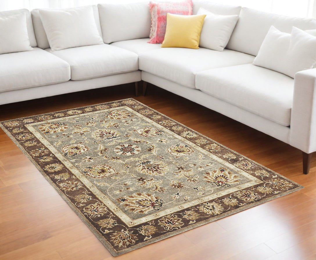 8' X 11' Grey Mocha Hand Tufted Traditional Floral Indoor Area Rug