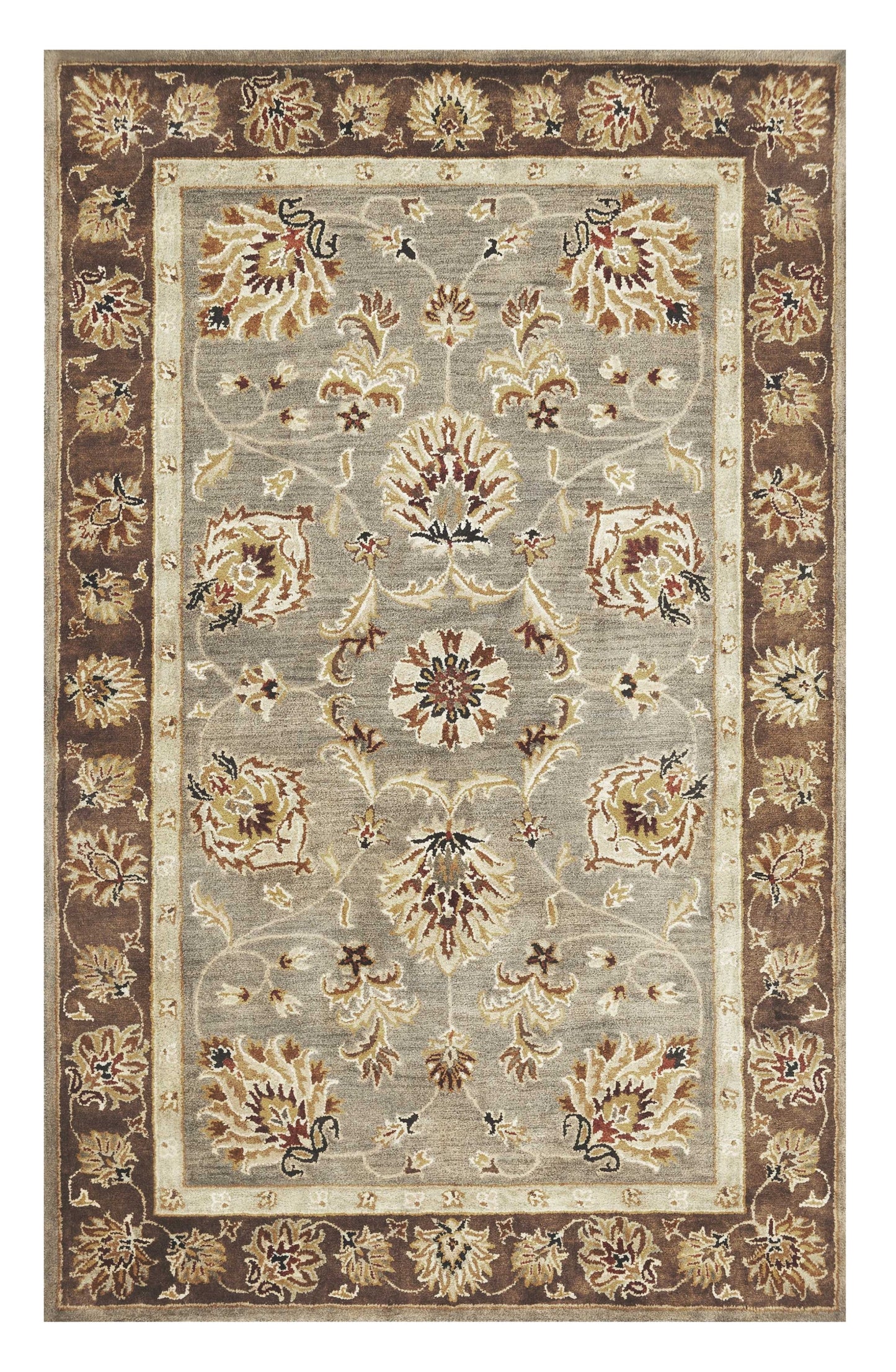 8' X 11' Grey Mocha Hand Tufted Traditional Floral Indoor Area Rug