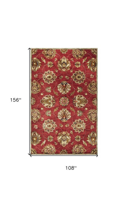 9' X 13' Red Ivory And Brown Wool Floral Hand Tufted Area Rug
