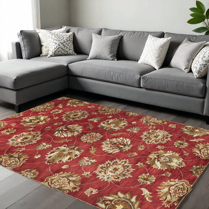 5' Sienna Gold And Green Wool Floral Vines Hand Tufted Round Rug