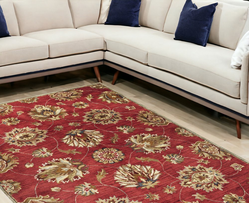 5' Sienna Gold And Green Wool Floral Vines Hand Tufted Round Rug