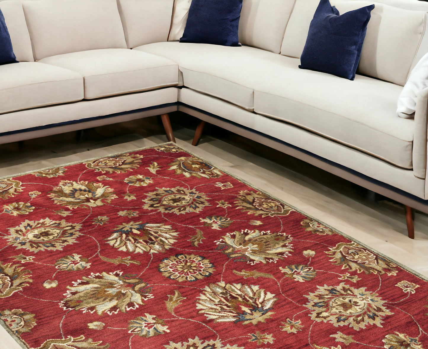 5' Sienna Gold And Green Wool Floral Vines Hand Tufted Round Rug