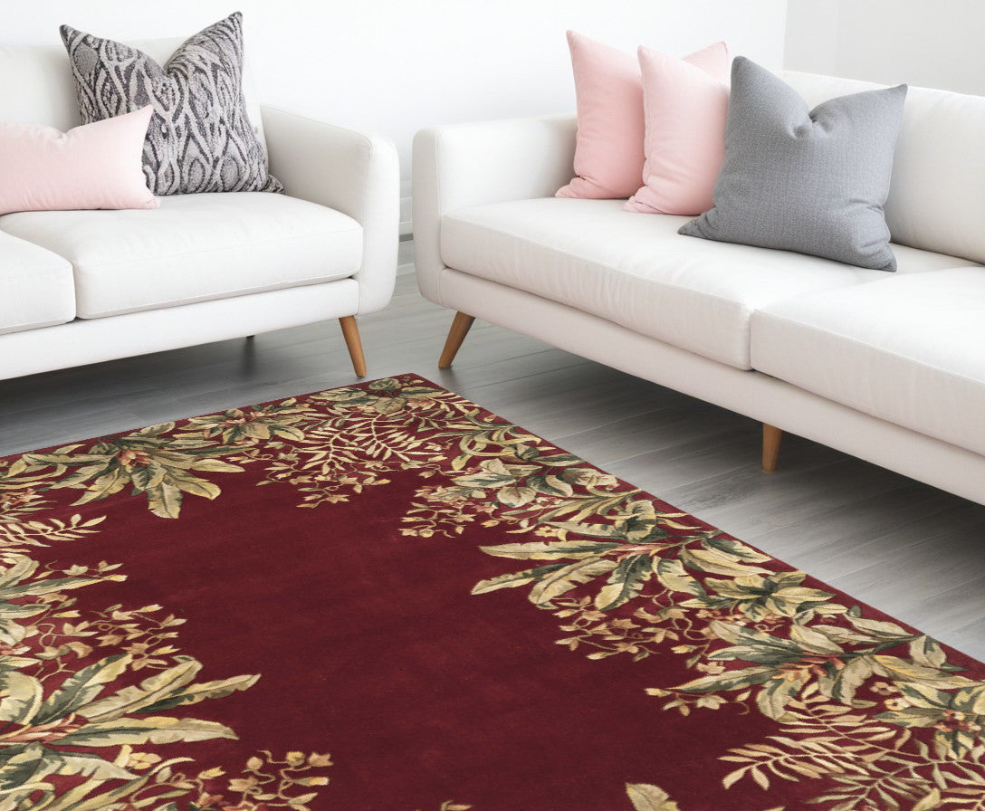 6' Ruby Red Round Wool Floral Handmade Area Rug