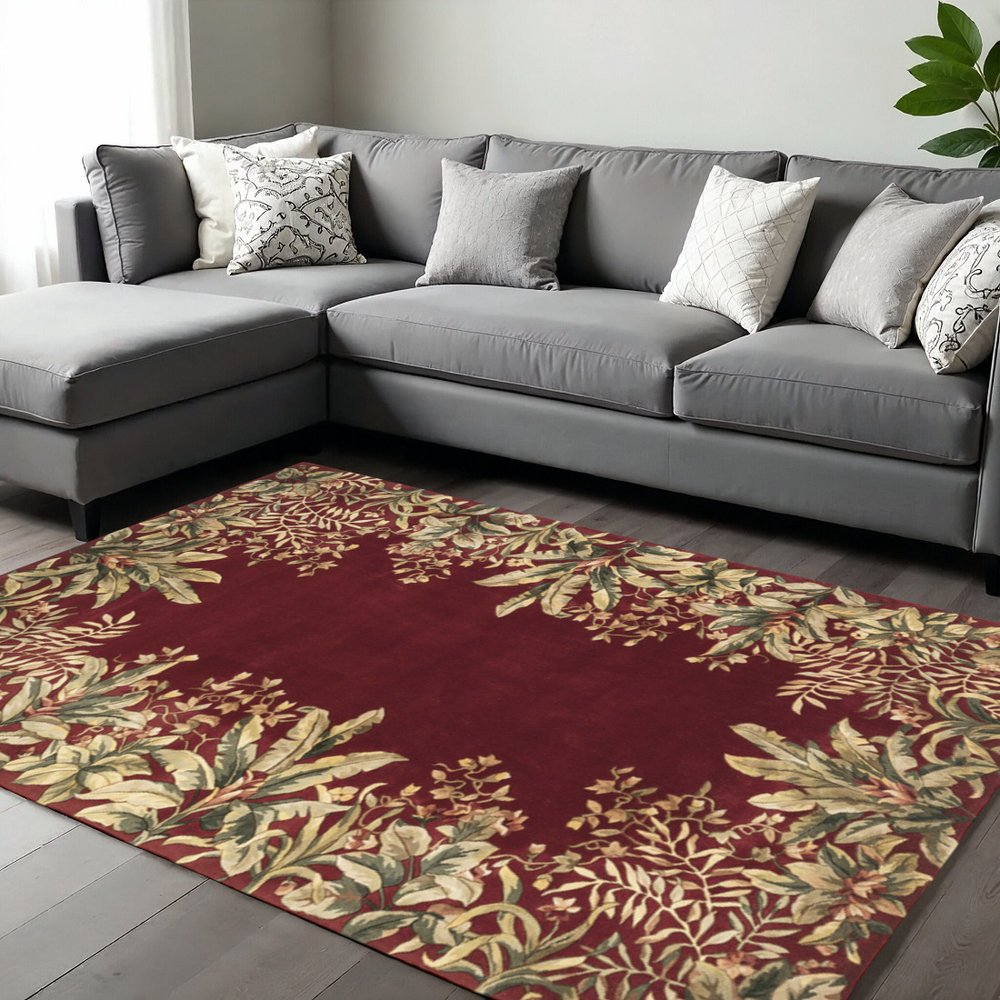 9' X 13' Red Brown And Ivory Wool Floral Hand Tufted Area Rug