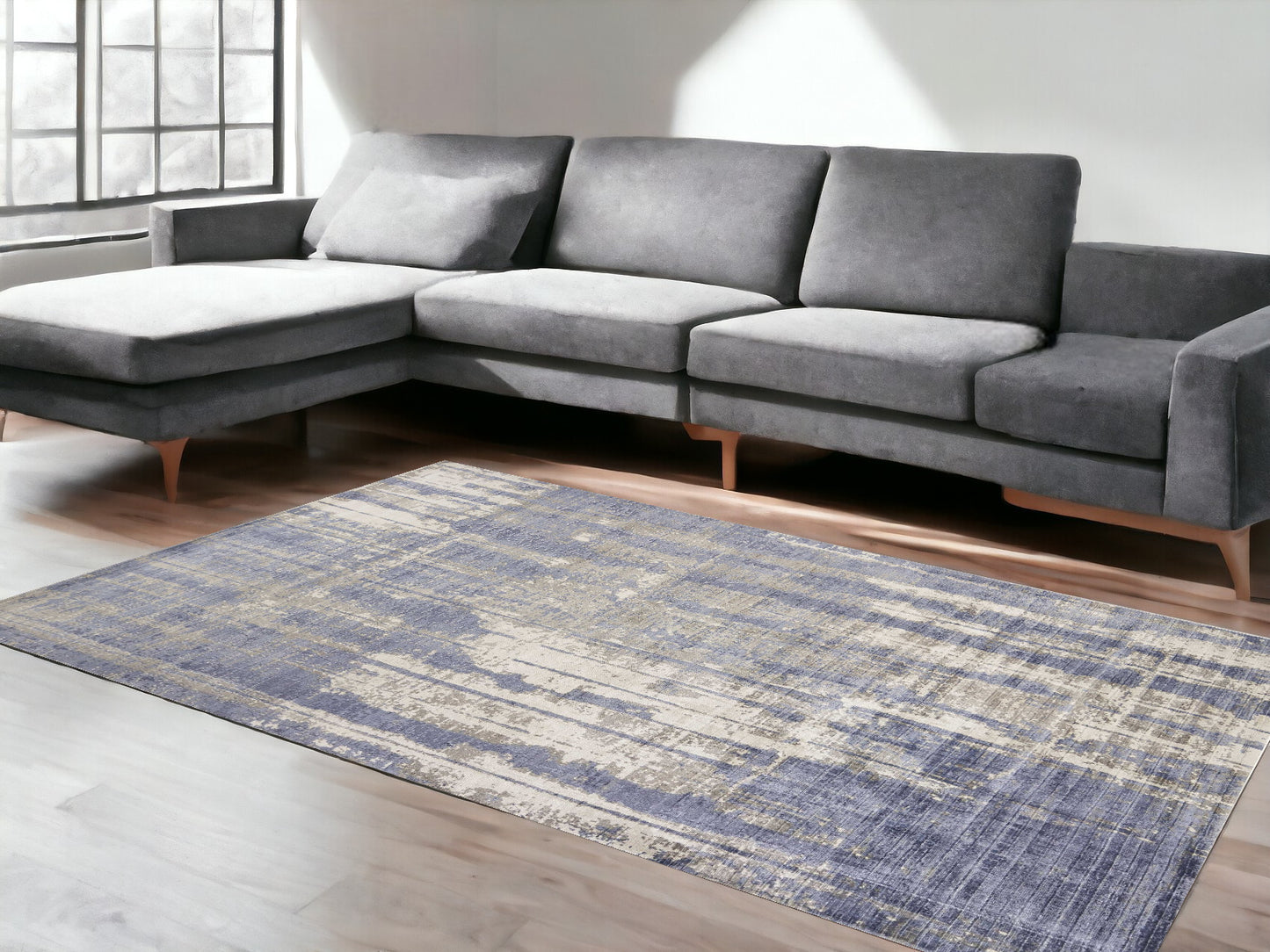 5' X 7' Grey Blue Hand Loomed Abstract Brushstroke Indoor Area Rug