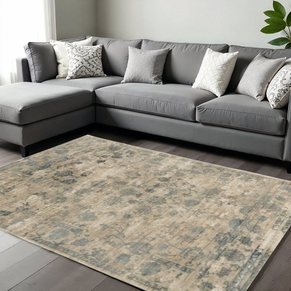 3' X 5' Beige And Blue Floral Medallion Hand Loomed Area Rug