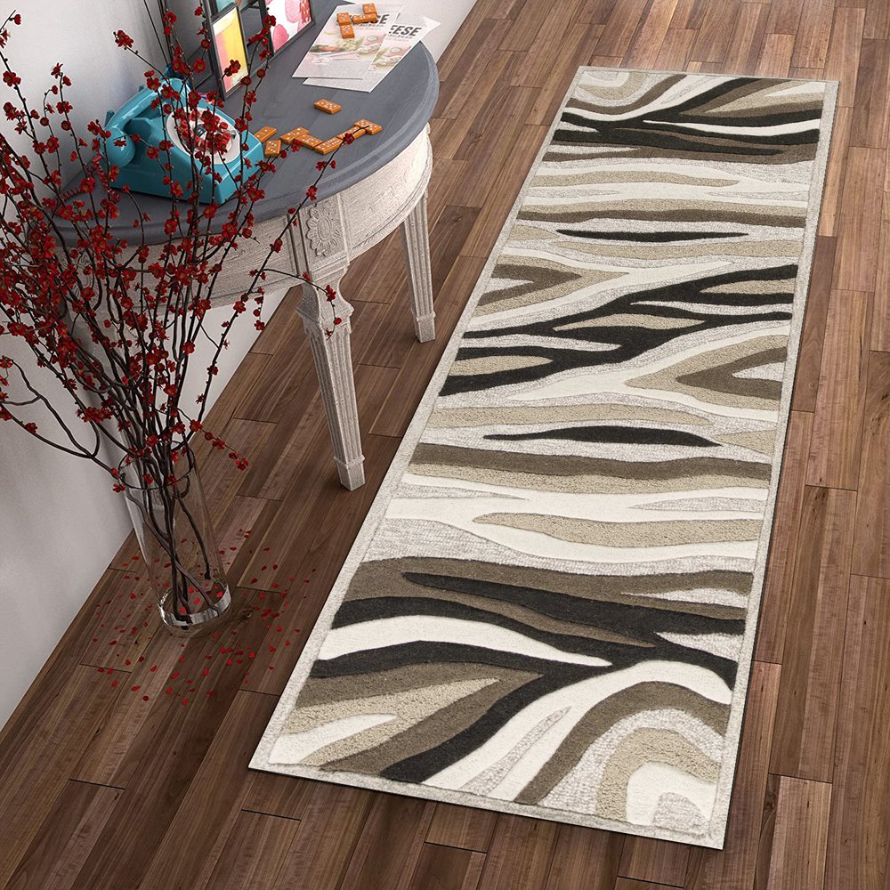 7' Beige Ivory And Black Wool Abstract Hand Tufted Runner Rug