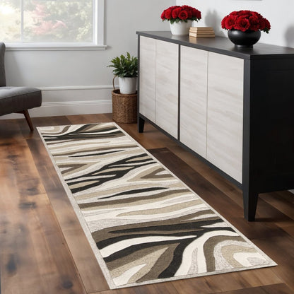 7' Beige Ivory And Black Wool Abstract Hand Tufted Runner Rug