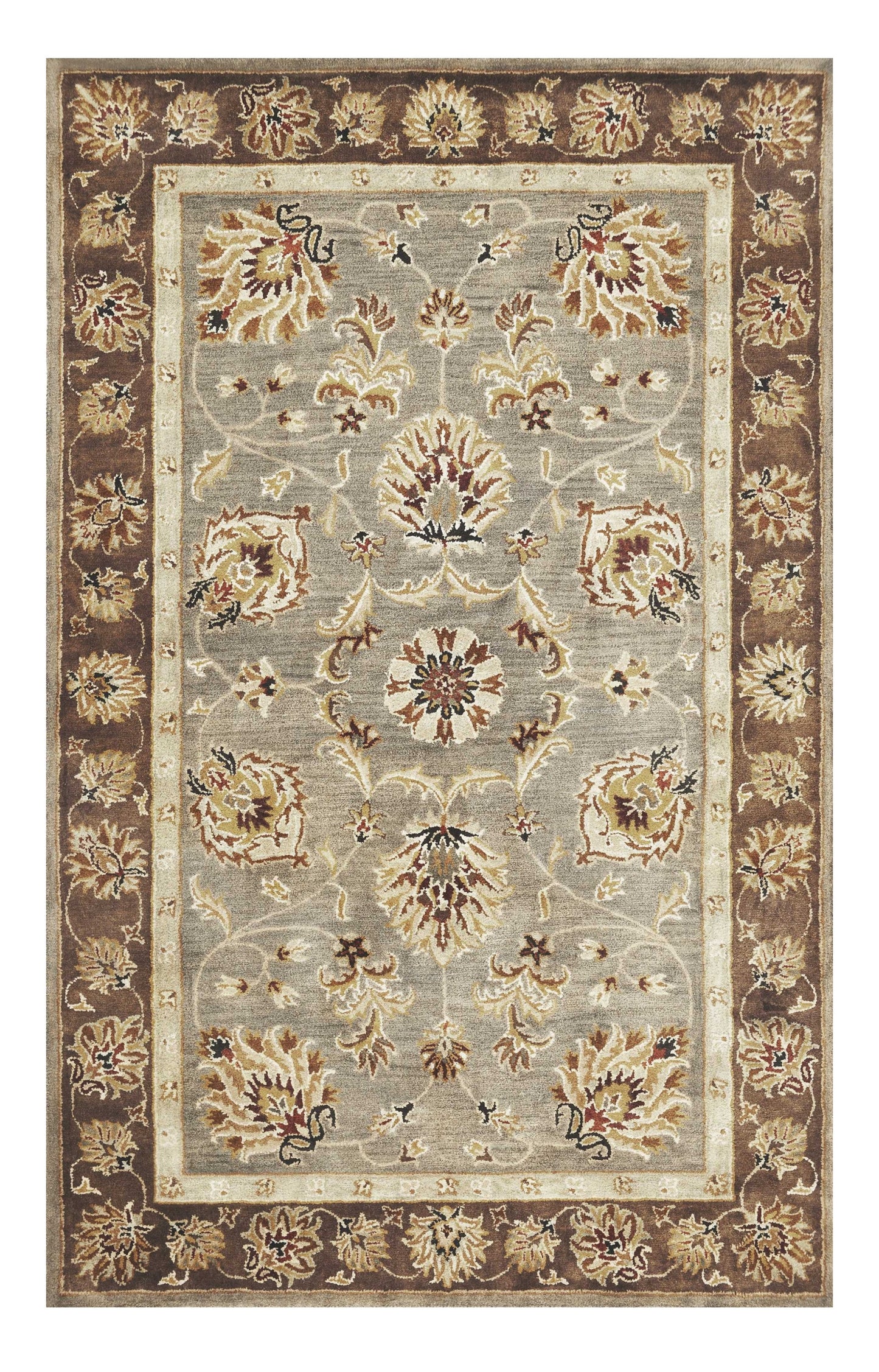 8' X 11' Grey Mocha Hand Tufted Traditional Floral Indoor Area Rug