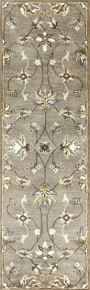 7' Gray Ivory And Brown New Zealand Lambs Wool Floral Hand Tufted Runner Rug