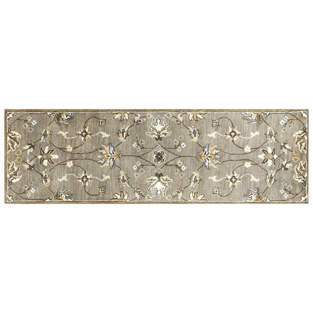 7' Gray Ivory And Brown New Zealand Lambs Wool Floral Hand Tufted Runner Rug