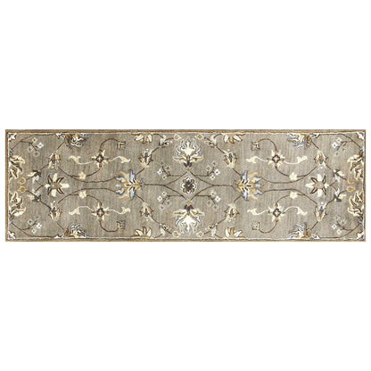 7' Gray Ivory And Brown New Zealand Lambs Wool Floral Hand Tufted Runner Rug