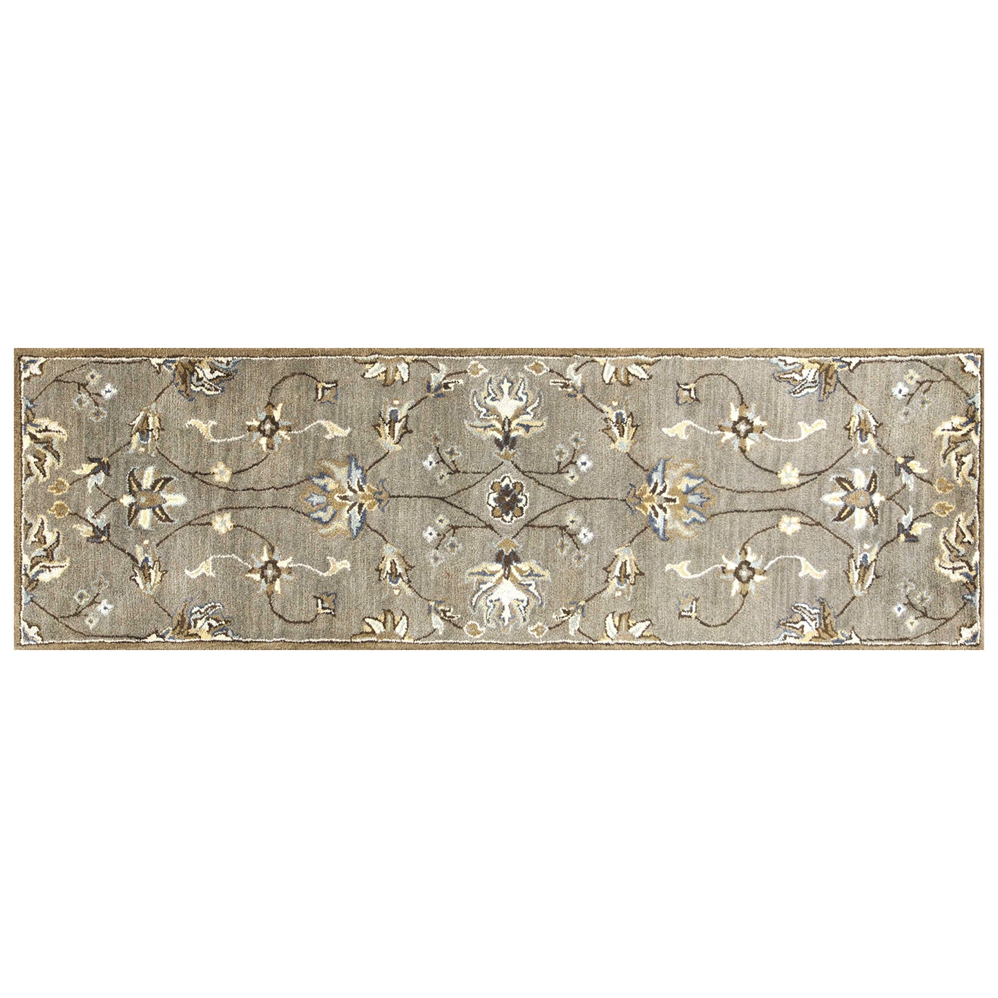 7' Gray Ivory And Brown New Zealand Lambs Wool Floral Hand Tufted Runner Rug