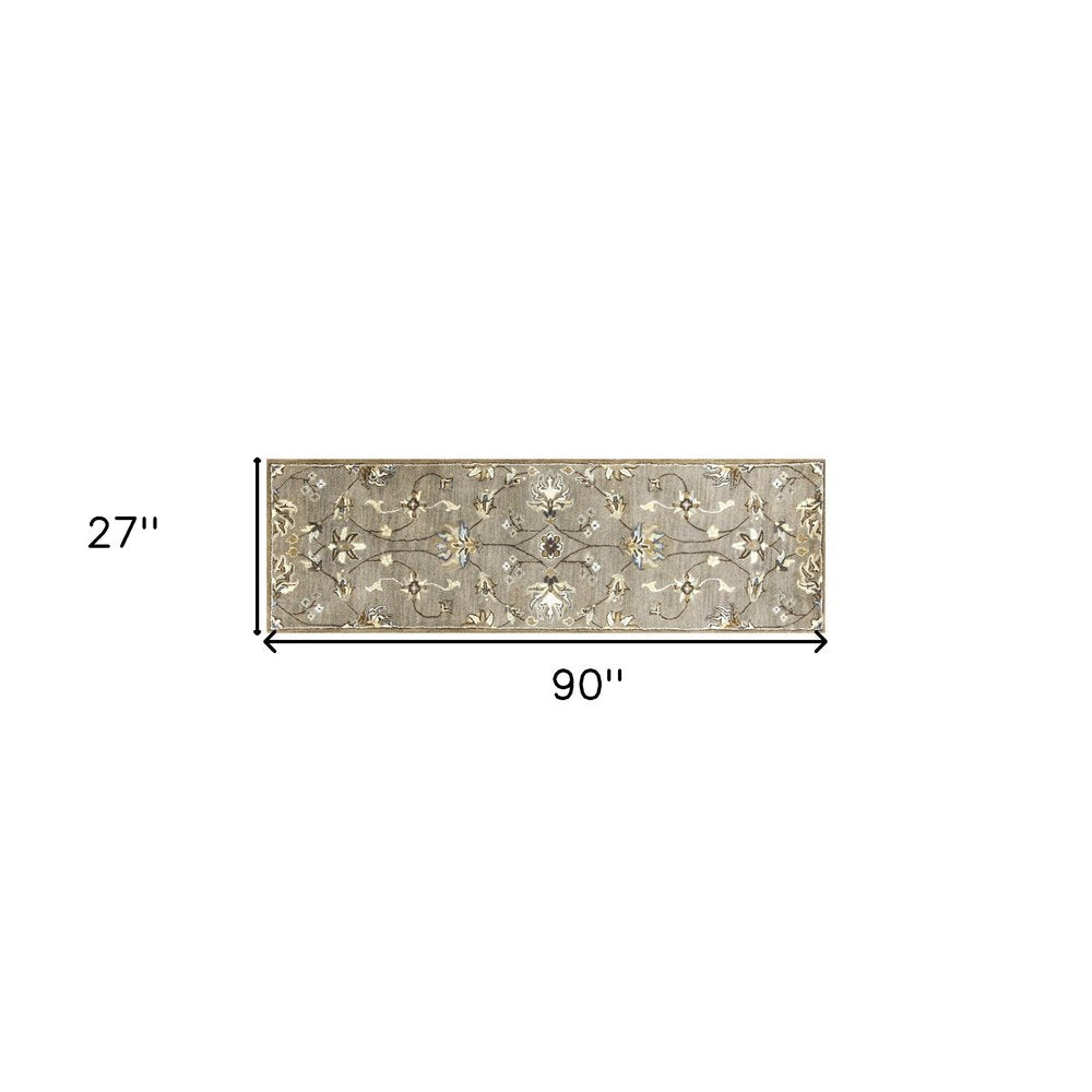 8' X 10' Gray Ivory And Brown Wool Floral Hand Tufted Area Rug