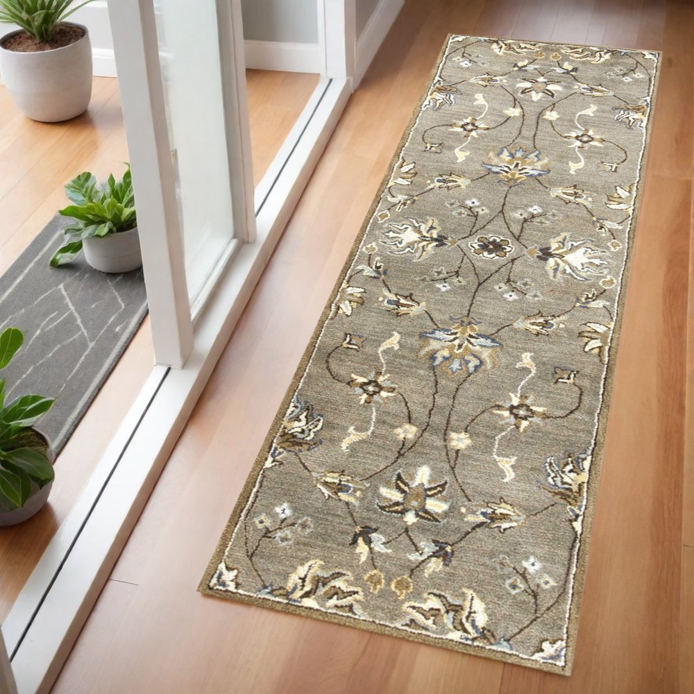 8' X 10' Gray Ivory And Brown Wool Floral Hand Tufted Area Rug