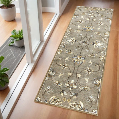 8' X 10' Gray Ivory And Brown Wool Floral Hand Tufted Area Rug