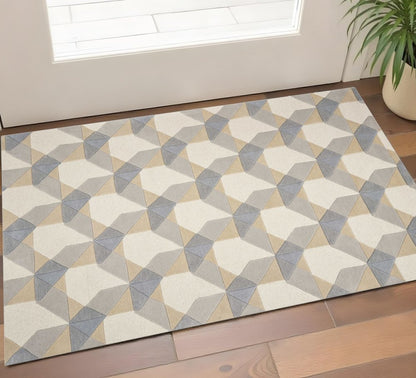 3' X 5' Ivory Gray And Cream Wool Geometric Area Rug